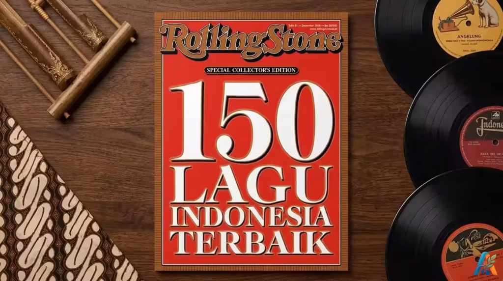 Rolling Stone Magazine - Sampul majalah Rolling Stone edisi khusus 150 Lagu Indonesia Terbaik di atas meja kayu dengan piringan hitam
