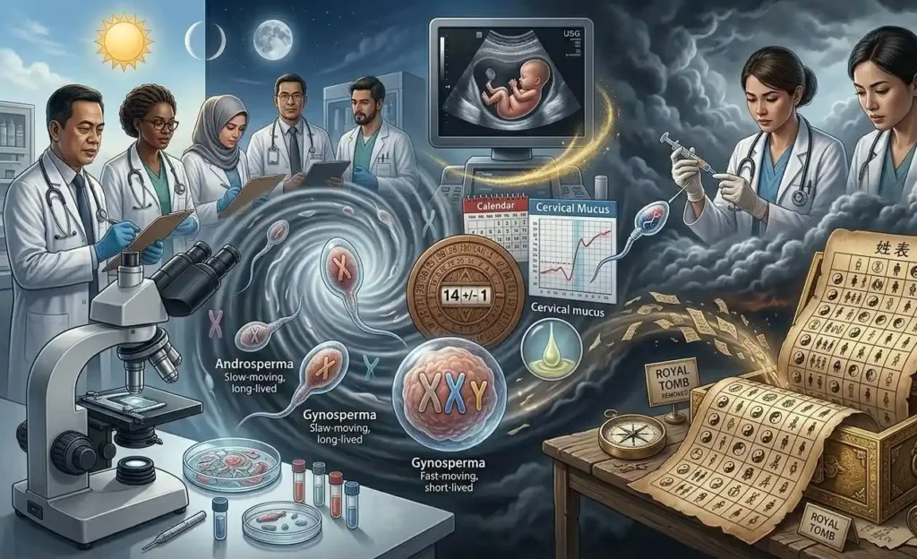 Ilustrasi infografis konseptual mengenai waktu, data, dan takdir dalam perencanaan kehamilan dan karakter manusia.