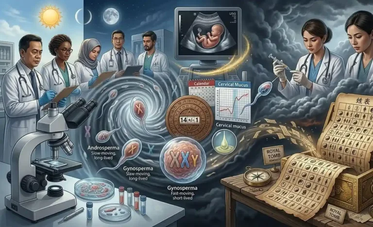 Ilustrasi infografis konseptual mengenai waktu, data, dan takdir dalam perencanaan kehamilan dan karakter manusia.