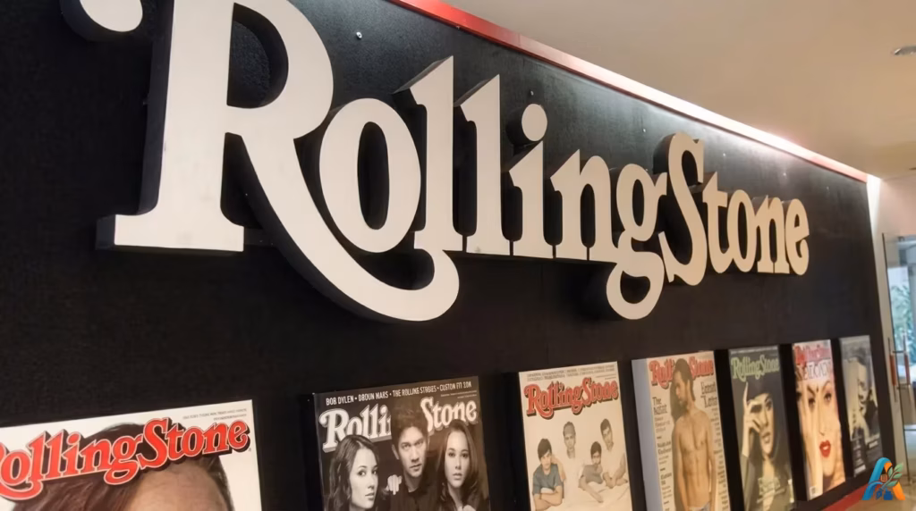 Etalase majalah Rolling Stone Indonesia menampilkan deretan sampul edisi cetak di bawah papan nama besar
