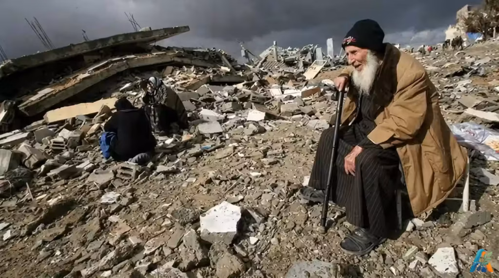 Seorang pria lanjut usia duduk di tengah reruntuhan bangunan setelah konflik di Gaza, mencerminkan dampak kemanusiaan yang mendalam dari perang.