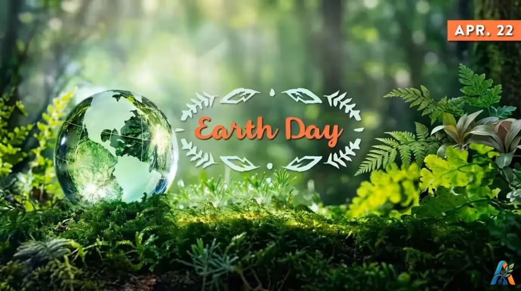 Gambar perayaan Hari Bumi 22 April, menampilkan globe kaca di atas lumut hijau subur, dikelilingi pakis dan daun-daun hutan dengan sorotan cahaya alami.