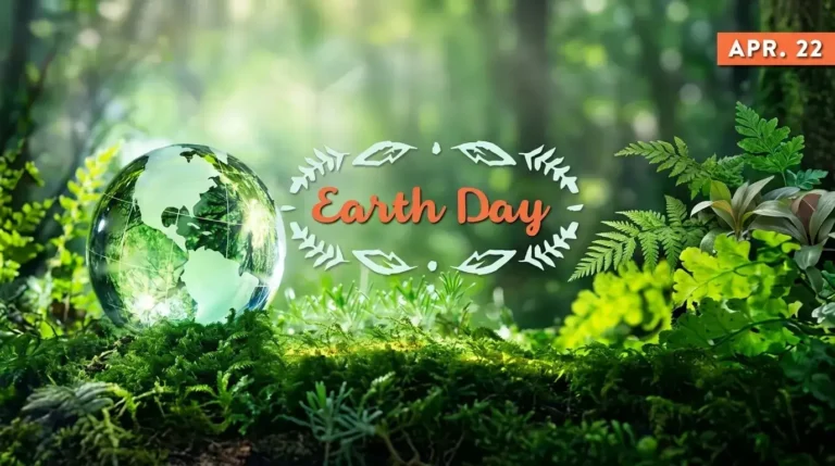 Gambar perayaan Hari Bumi 22 April, menampilkan globe kaca di atas lumut hijau subur, dikelilingi pakis dan daun-daun hutan dengan sorotan cahaya alami.