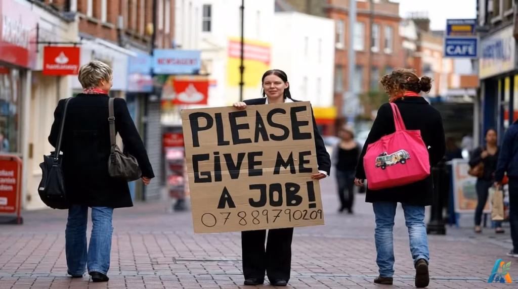 Seseorang berdiri di jalanan ramai memegang papan karton bertuliskan "PLEASE GIVE ME A JOB!" dengan nomor telepon untuk mencari pekerjaan.
