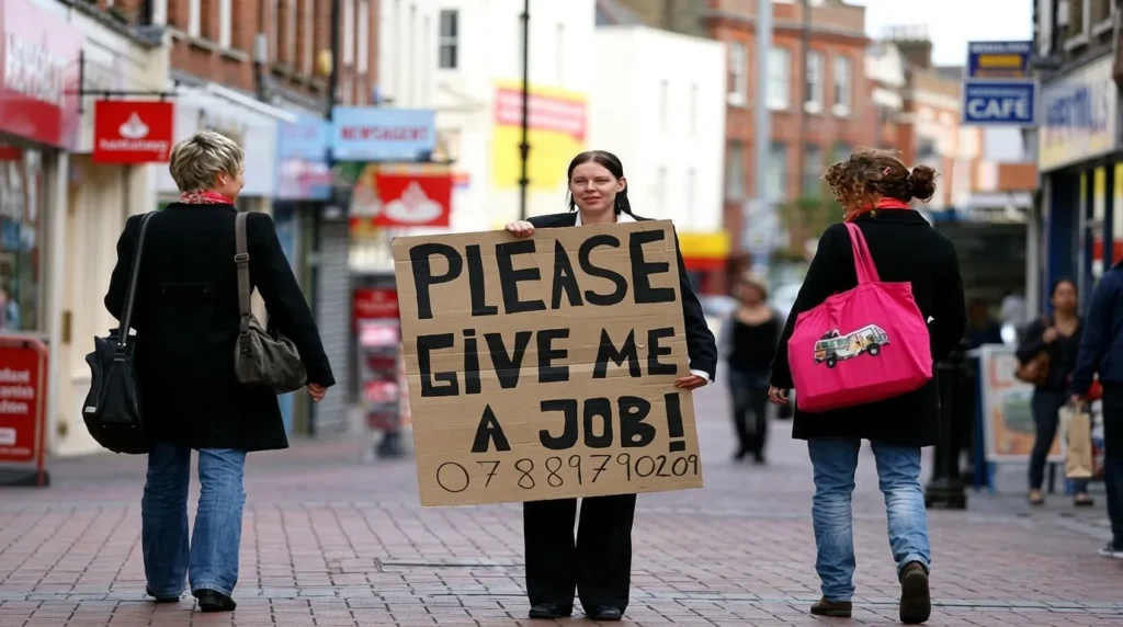 Seseorang berdiri di jalanan ramai memegang papan karton bertuliskan "PLEASE GIVE ME A JOB!" dengan nomor telepon untuk mencari pekerjaan.
