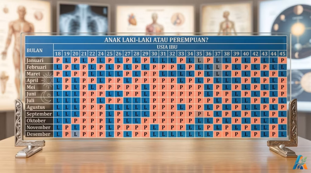 Bagan tabel prediksi jenis kelamin bayi dengan judul bahasa Indonesia, menampilkan kotak berwarna biru untuk 'L' (laki-laki) dan kotak berwarna merah muda untuk 'P' (perempuan), diatur dalam baris bulan (Januari-Desember) dan kolom usia ibu (18-45).