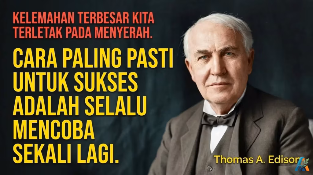 Gambar kutipan motivasi Thomas A. Edison tentang cara paling pasti untuk sukses adalah selalu mencoba sekali lagi.