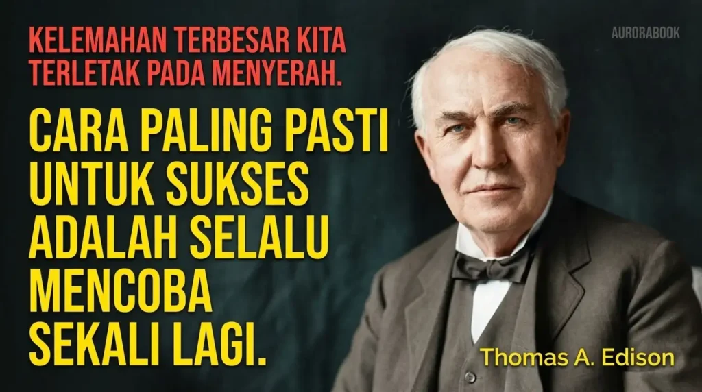 Gambar kutipan motivasi Thomas A. Edison tentang cara paling pasti untuk sukses adalah selalu mencoba sekali lagi.