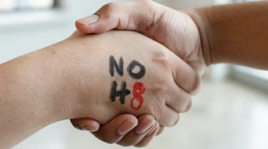 Ilustrasi gerakan melawan kebencian berupa jabat tangan dengan tulisan NO H8 di punggung tangan