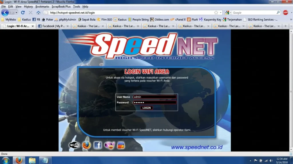Halaman login hotspot Wi-Fi Mikrotik SpeedNET pada peramban web klasik, menampilkan formulir autentikasi untuk akses internet bagi pengguna.