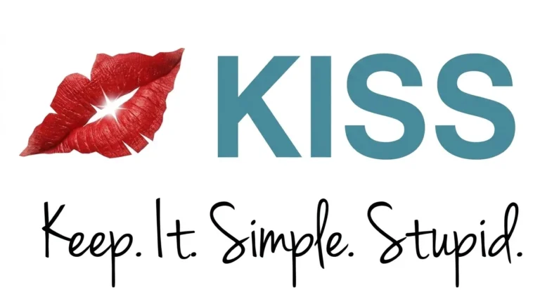 Prinsip KISS dengan kepanjangan Keep It Simple Stupid disertai ilustrasi kecupan bibir merah
