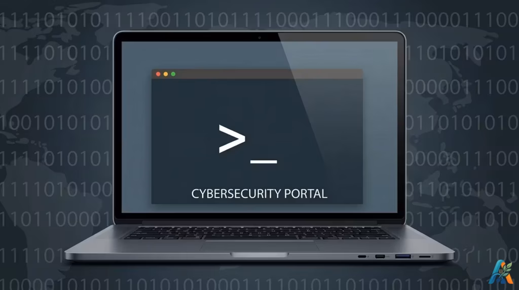Sebuah laptop menampilkan jendela terminal dengan simbol command prompt dan teks "CYBERSECURITY PORTAL", di atas latar belakang kode biner.