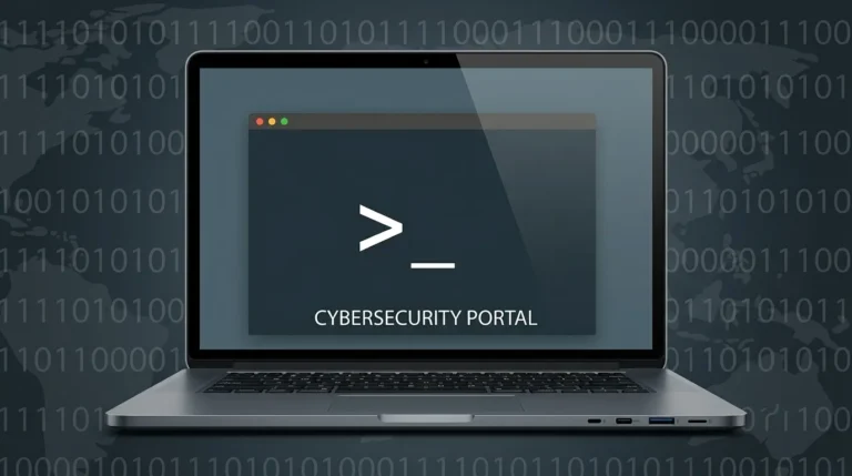 Sebuah laptop menampilkan jendela terminal dengan simbol command prompt dan teks "CYBERSECURITY PORTAL", di atas latar belakang kode biner.