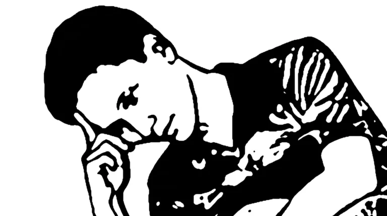 Ilustrasi hitam putih bergaya stensil seorang pria yang sedang termenung dengan ekspresi introspektif, merepresentasikan konsep kepribadian introvert.