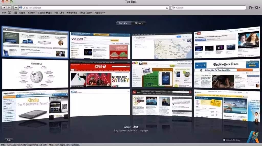 Tampilan fitur "Top Sites" pada browser Apple Safari versi klasik, menampilkan kisi-kisi situs web populer dengan efek refleksi, sebagai ilustrasi browser web Apple.