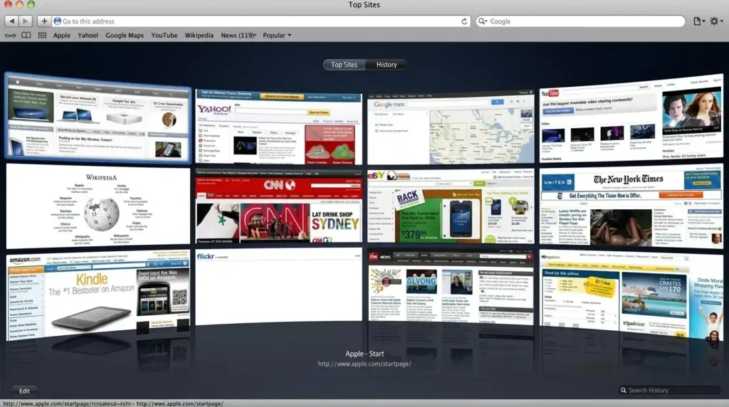 Tampilan fitur "Top Sites" pada browser Apple Safari versi klasik, menampilkan kisi-kisi situs web populer dengan efek refleksi, sebagai ilustrasi browser web Apple.
