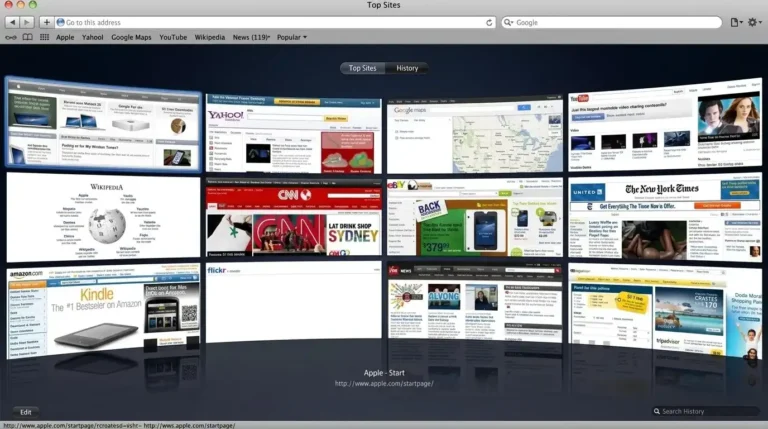 Tampilan fitur "Top Sites" pada browser Apple Safari versi klasik, menampilkan kisi-kisi situs web populer dengan efek refleksi, sebagai ilustrasi browser web Apple.