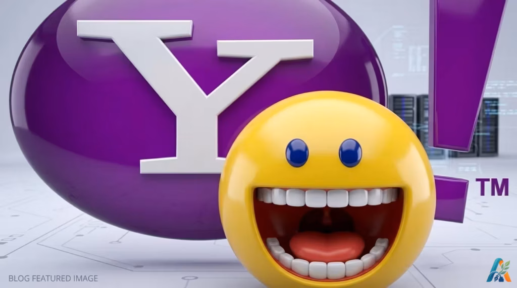 huruf 'Y' besar di dalam gelembung percakapan) dengan tanda seru ungu besar di sampingnya. Di bagian depan terdapat emoji smiley kuning besar yang tertawa dengan mulut terbuka, menampilkan gigi dan lidah. Ini adalah gambar visual untuk panduan cara menampilkan ikon status online dan offline di Yahoo Messenger.