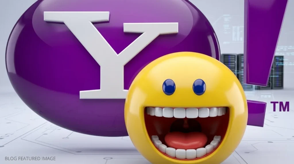 huruf 'Y' besar di dalam gelembung percakapan) dengan tanda seru ungu besar di sampingnya. Di bagian depan terdapat emoji smiley kuning besar yang tertawa dengan mulut terbuka, menampilkan gigi dan lidah. Ini adalah gambar visual untuk panduan cara menampilkan ikon status online dan offline di Yahoo Messenger.