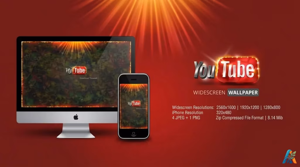 Gambar promosi unduhan wallpaper YouTube premium, menampilkan pratinjau di layar iMac dan iPhone, dengan logo YouTube berkilau dan detail resolusi file.