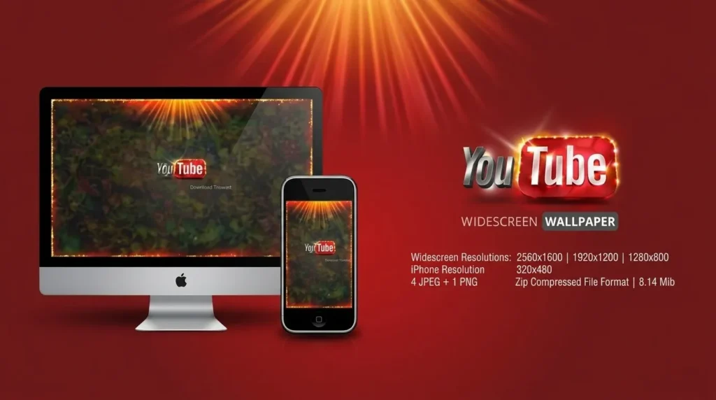 Gambar promosi unduhan wallpaper YouTube premium, menampilkan pratinjau di layar iMac dan iPhone, dengan logo YouTube berkilau dan detail resolusi file.