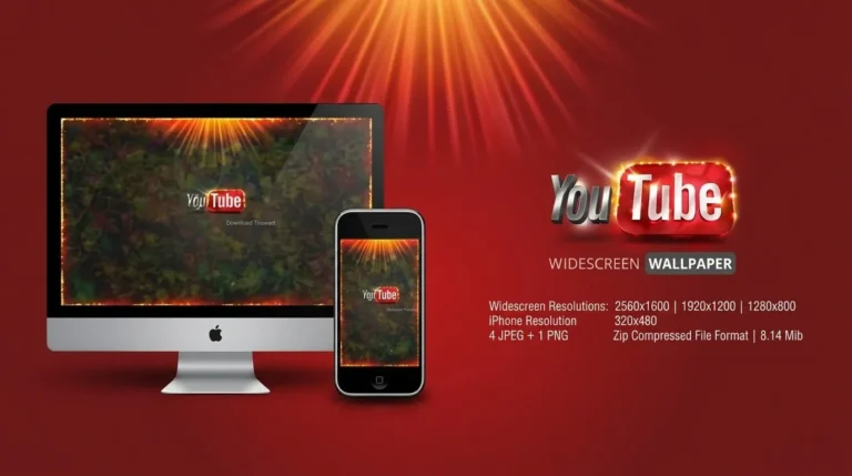 Gambar promosi unduhan wallpaper YouTube premium, menampilkan pratinjau di layar iMac dan iPhone, dengan logo YouTube berkilau dan detail resolusi file.