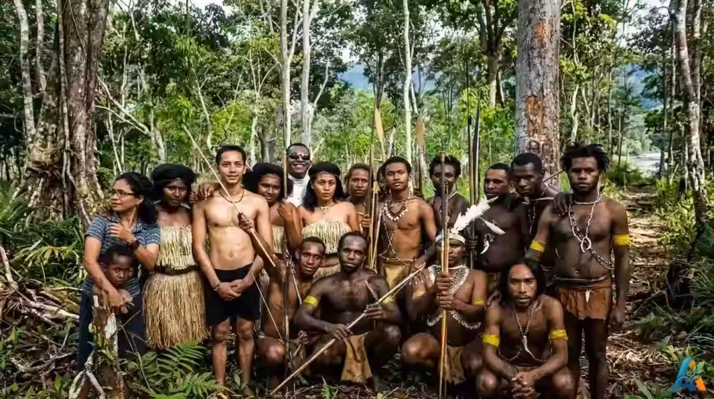 Aktor Fauzi Baadila bersama para pemain lokal saat syuting film Lost in Papua di dalam hutan, dari file fauzi-baadila-dalam-shooting-film-lost-in-papua.webp.