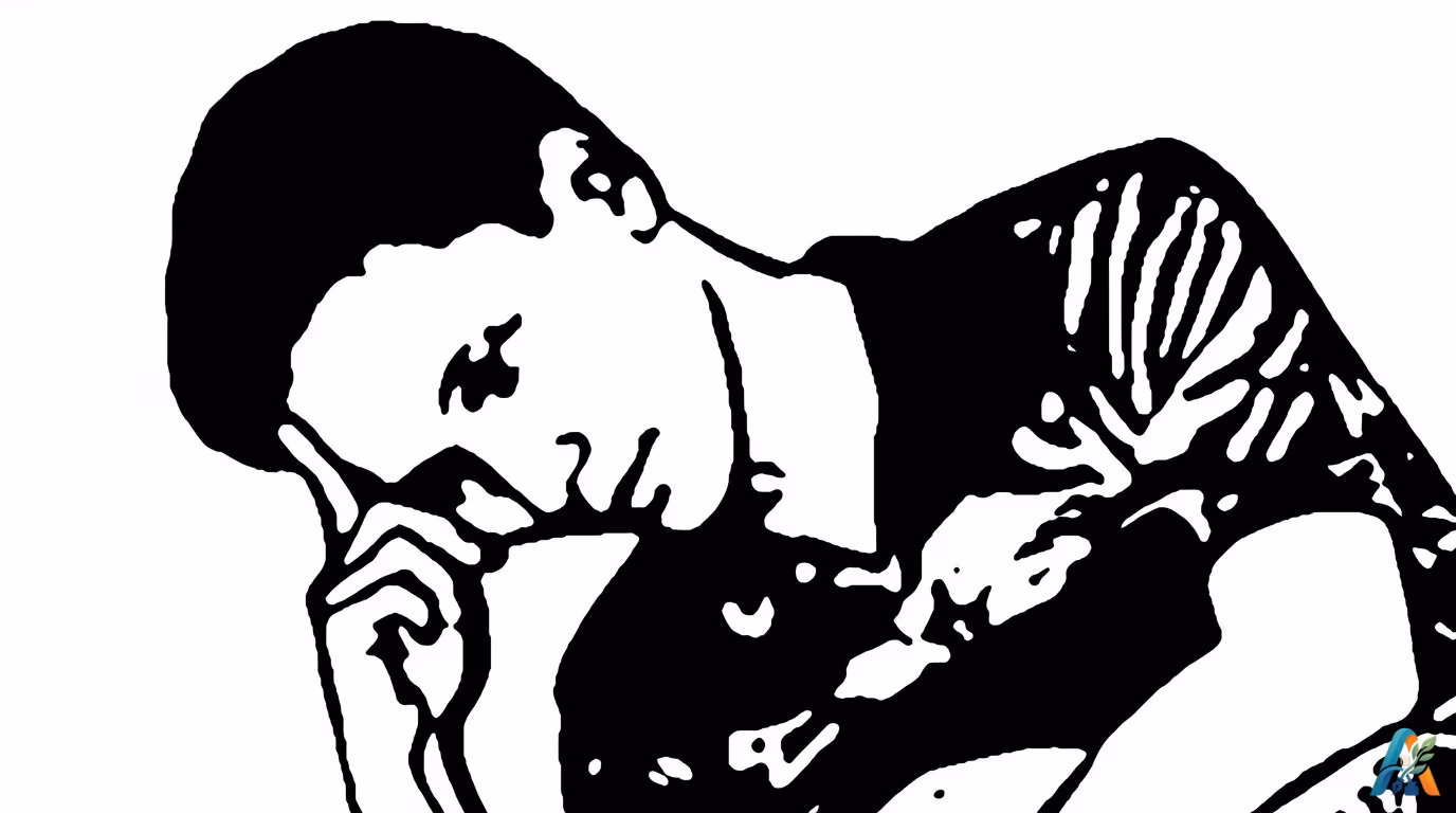 Ilustrasi hitam putih bergaya stensil seorang pria yang sedang termenung dengan ekspresi introspektif, merepresentasikan konsep kepribadian introvert.