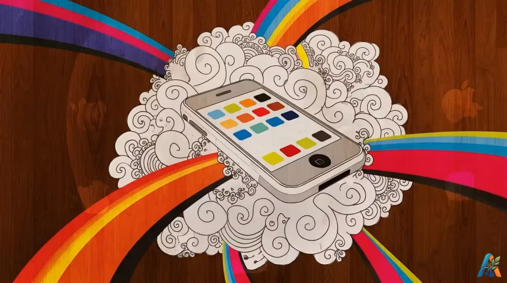 Ilustrasi artistik smartphone dengan ikon aplikasi berwarna-warni, dikelilingi oleh pola coretan abstrak dan pancaran warna pelangi di atas latar kayu.