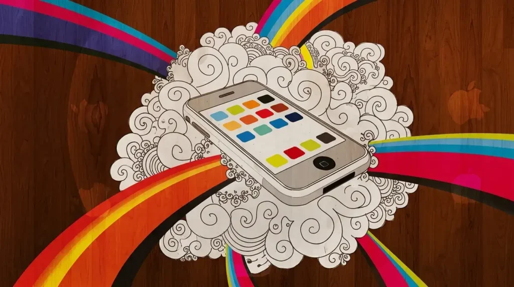 Ilustrasi artistik smartphone dengan ikon aplikasi berwarna-warni, dikelilingi oleh pola coretan abstrak dan pancaran warna pelangi di atas latar kayu.