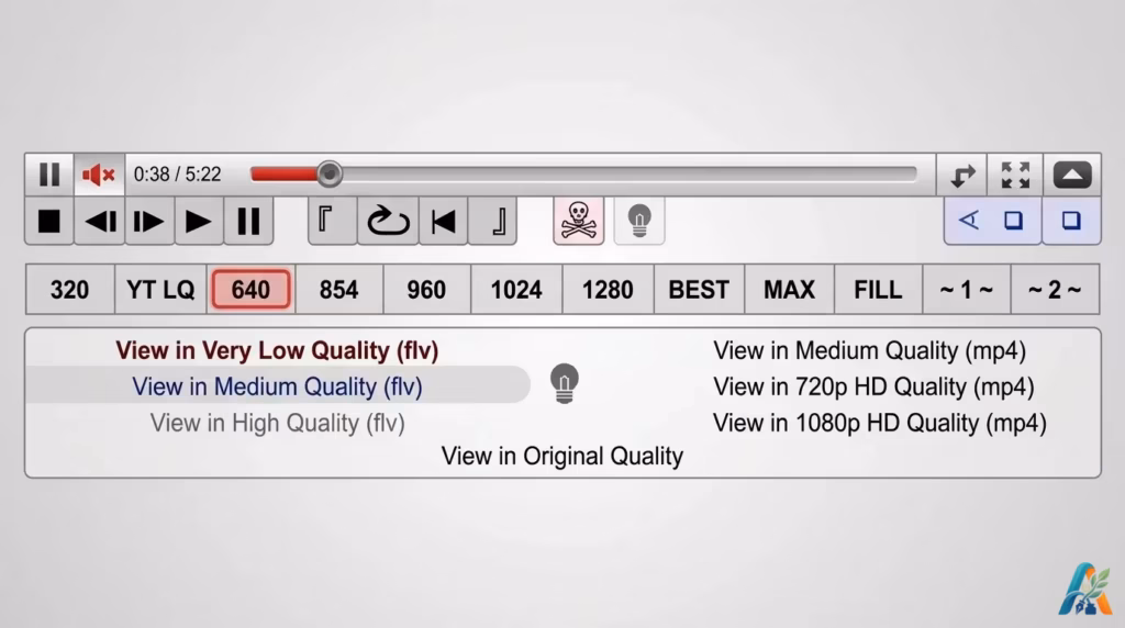 Toolbar YouTube Enhancer yang menampilkan kontrol pemutar video, opsi pemilihan resolusi, dan pengaturan kualitas video dari rendah hingga 1080p.