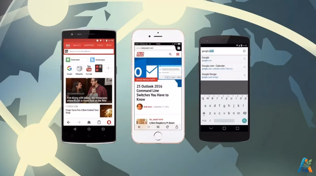 Tiga ponsel pintar berjajar menampilkan antarmuka browser seluler yang berbeda, sebagai ilustrasi penggunaan mobile browser untuk browsing internet.