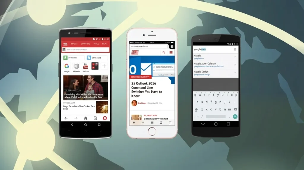 Tiga ponsel pintar berjajar menampilkan antarmuka browser seluler yang berbeda, sebagai ilustrasi penggunaan mobile browser untuk browsing internet.