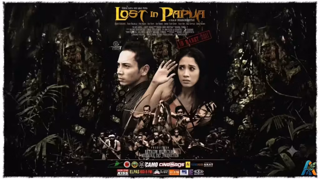 Poster film petualangan Indonesia Lost in Papua menampilkan dua pemeran utama dengan latar hutan rimba, merujuk pada poster-film-lost-in-papua.webp.