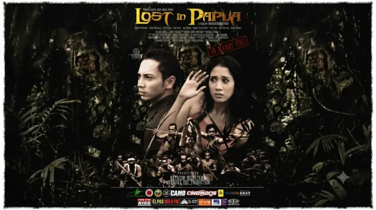 Poster film petualangan Indonesia Lost in Papua menampilkan dua pemeran utama dengan latar hutan rimba, merujuk pada poster-film-lost-in-papua.webp.