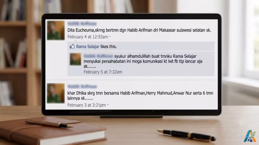 Tampilan layar monitor komputer berisi tangkapan layar status Facebook jadul Habib Arifman dari Makassar