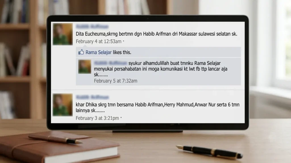 Tampilan layar monitor komputer berisi tangkapan layar status Facebook jadul Habib Arifman dari Makassar