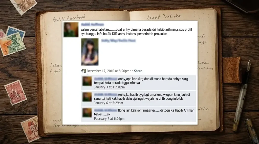 Tangkapan layar postingan Facebook jadul dari Habib Arifman untuk Anhy di atas sebuah buku catatan kuno