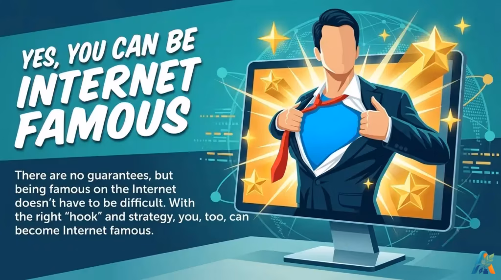 Ilustrasi pria berbaju superhero keluar dari layar monitor komputer dengan teks Yes You Can Be Internet Famous