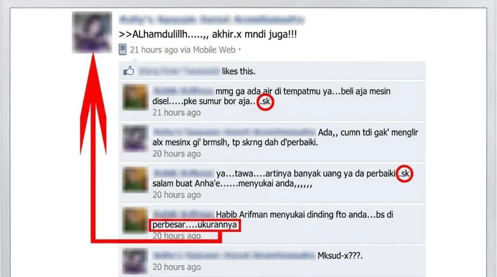 Tangkapan layar komentar Facebook jadul teks perbesar ukurannya dengan tanda panah merah ke foto profil