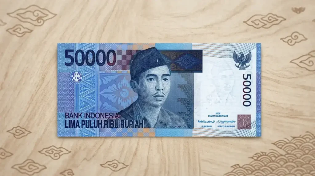 Panduan cara memeriksa uang palsu menampilkan detail fisik uang lima puluh ribu rupiah lama