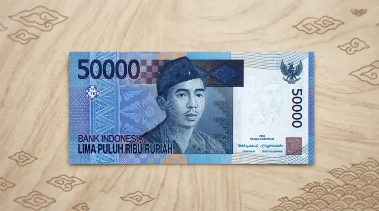 Panduan cara memeriksa uang palsu menampilkan detail fisik uang lima puluh ribu rupiah lama