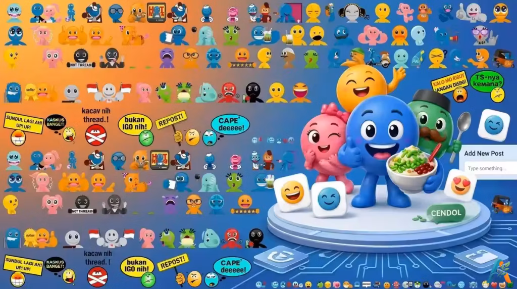 Koleksi lengkap berbagai macam ikon emotikon khas Kaskus yang ikonik dan lucu, sebagai ilustrasi penggunaan emotikon Kaskus untuk Facebook di browser Firefox.