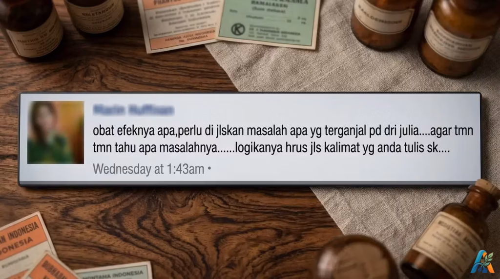 Tangkapan layar komentar media sosial tentang efek obat dan logika kalimat di atas meja kayu dengan botol ramuan kuno