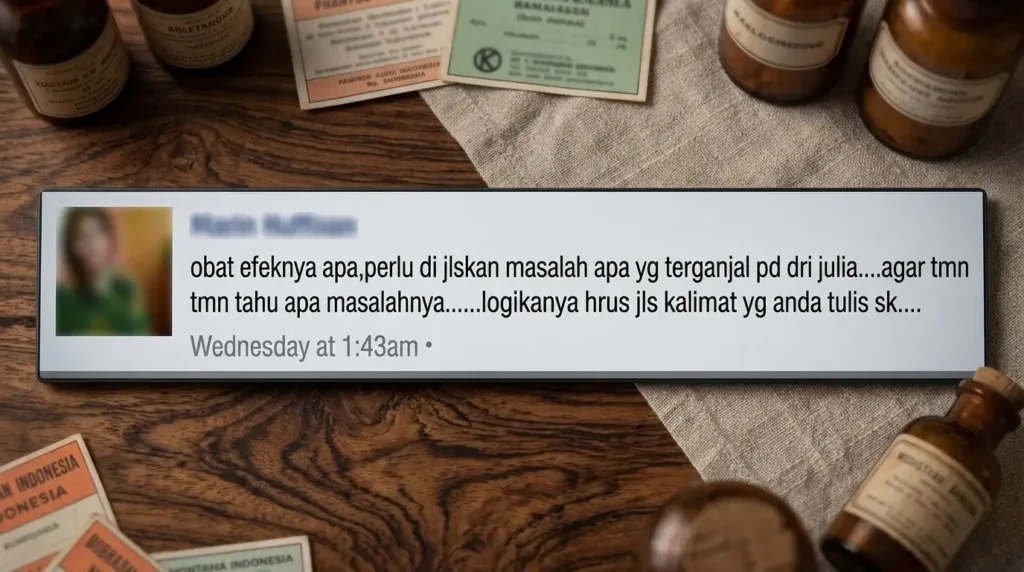 Tangkapan layar komentar media sosial tentang efek obat dan logika kalimat di atas meja kayu dengan botol ramuan kuno