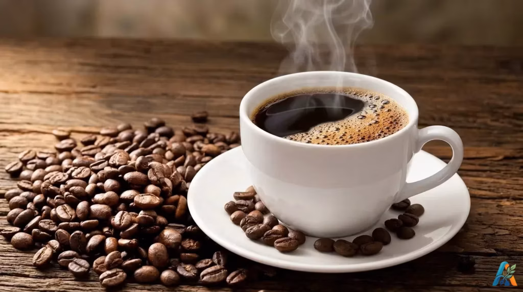Infografis pendukung manfaat dan risiko minum kopi menampilkan kopi hitam berbusa di cangkir putih