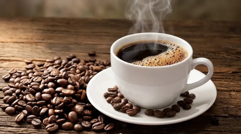Infografis pendukung manfaat dan risiko minum kopi menampilkan kopi hitam berbusa di cangkir putih