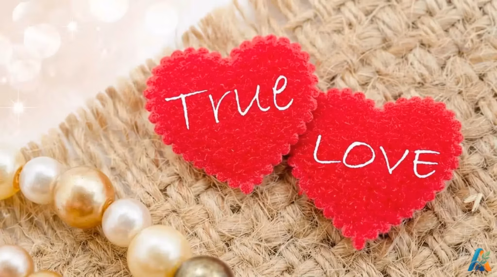 Dua hiasan hati merah bertuliskan True Love di atas kain goni berdampingan dengan gelang mutiara