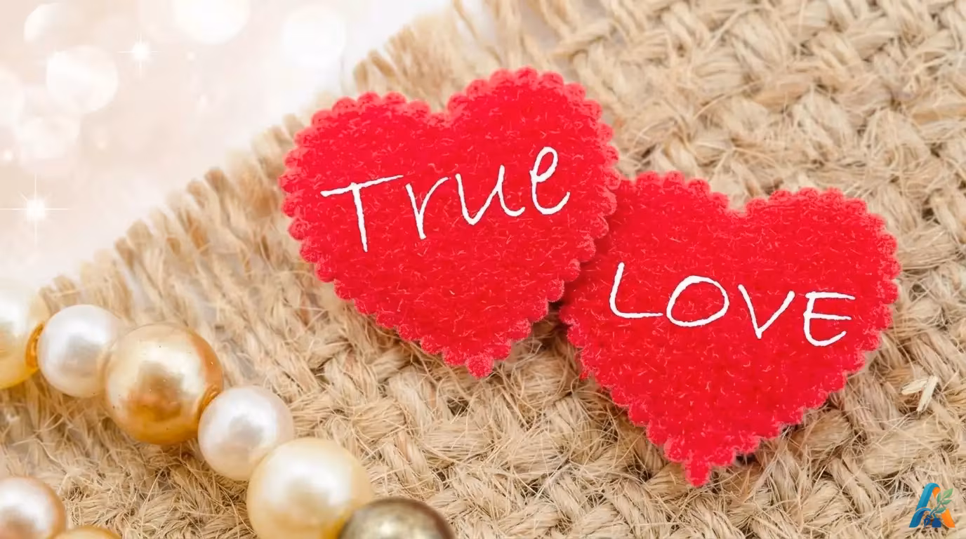 Dua hiasan hati merah bertuliskan True Love di atas kain goni berdampingan dengan gelang mutiara