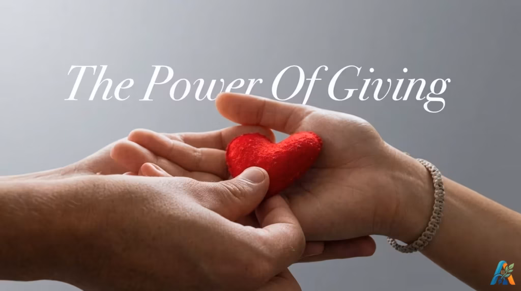 Sepasang tangan memberikan hati kecil berwarna merah kepada tangan lainnya, ilustrasi dari the-power-of-giving.webp untuk pesan kasih sayang dan kepedulian.